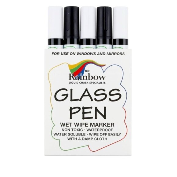 Rainbow Glass Pen Set Glass Pen Window Marker (5 Pens - Black & White - Fine Tip - Picture 1 of 6